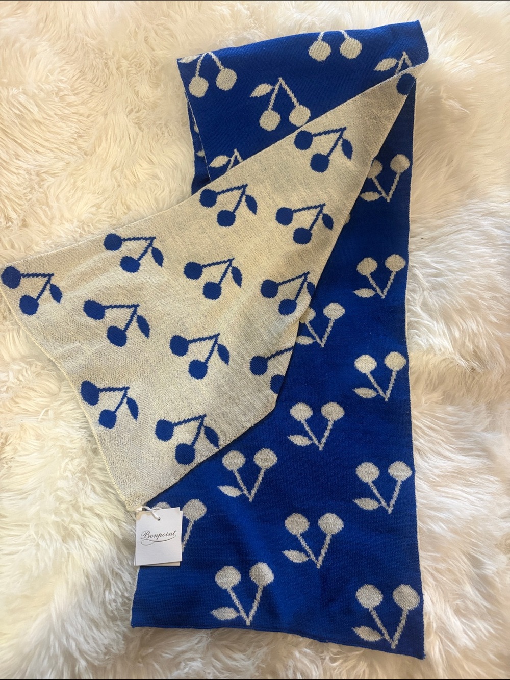 Reversible Cherry Pattern Knit Scarf in Royal Blue & Cream